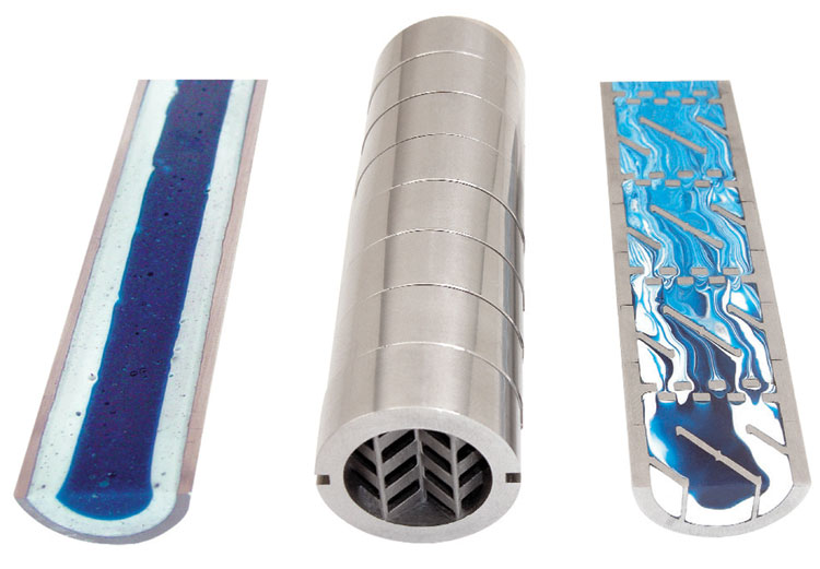 Figure #2: Blue and white epoxy resin mixing test shows that an empty tube (left) provides no mixing.  Eight (8) GXR mixing elements (center and right) create a homogeneous mix in a short length.