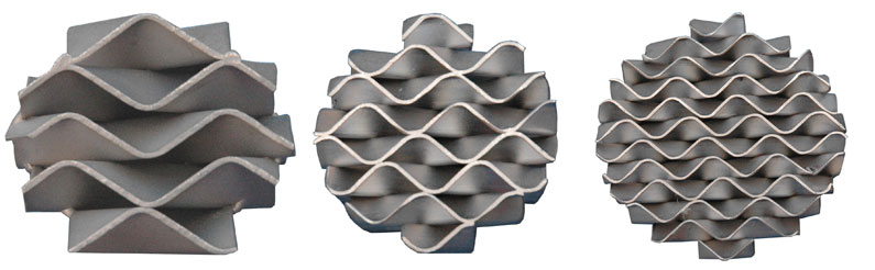 Figure #3: The mixing intensity and pressure drop of the GV static mixer may be adjusted by varying the number of corrugated layers in any specific pipe diameter (left side: standard 5 layers; middle: 8-layers; right side: 12 layers