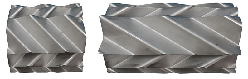 Figure #4: The mixing intensity and pressure drop of the GV static mixer can be adjusted by varying the corrugation angle relative to the pipe diameter (left side: standard 45o angle; right side: 30o angle).